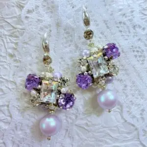 Handmade Vintage Crystal Pearl Cluster Earrings, prong-set claw rhinestone floral bridal hypoallergenic earrings