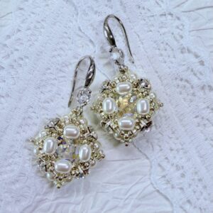 Handmade Beaded Square Crystal Flower Pearl Earrings